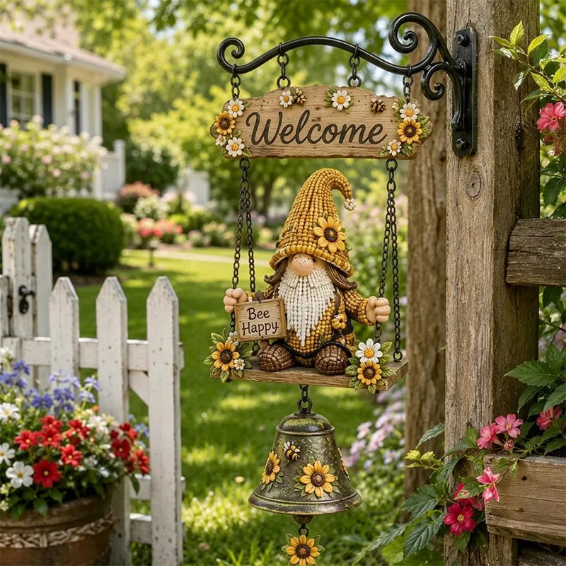 50% OFF！Dzwonek powitalny z krasnalem ogrodowym, tabliczka „Welcome”, retro dzwonek z brązu, żelazny uchwyt ścienny, dekoracja do ogrodu, na taras i podwórko.