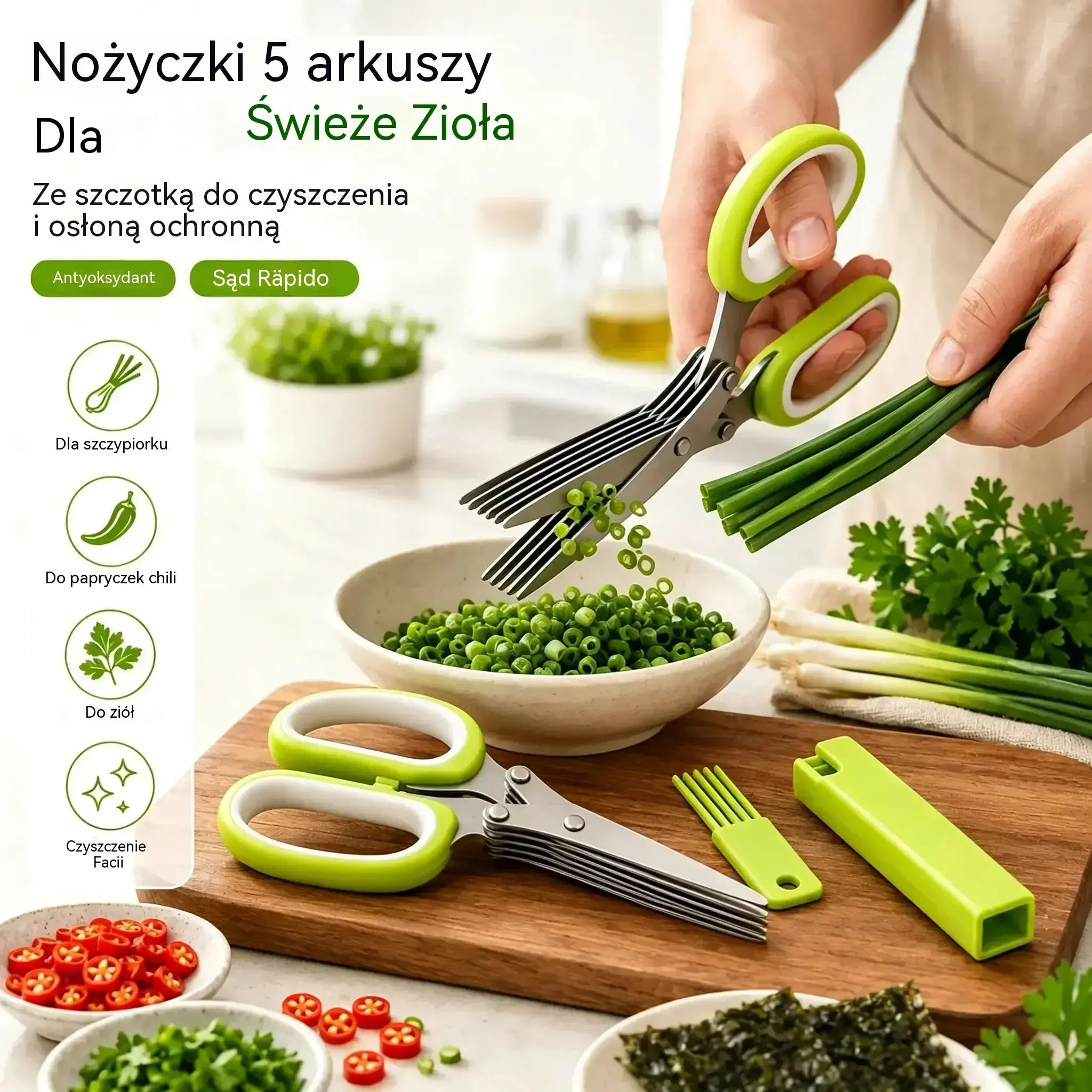 2 sztuka 99zł 🌿Nożyczki do ziół z 5 ostrzami – szybkie kuchenne narzędzie do krojenia świeżych ziół i przypraw