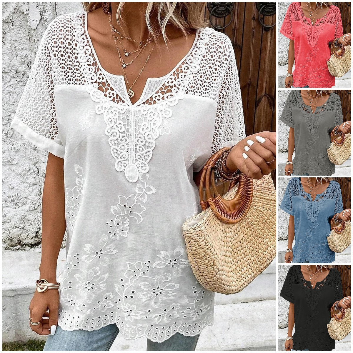 ✨👚 【S–6XL】Elegancka damska bluzka z koronką i dekoltem w serek – haftowana, z krótkim rękawem 🌸