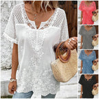 ✨👚 【S–6XL】Elegancka damska bluzka z koronką i dekoltem w serek – haftowana, z krótkim rękawem 🌸