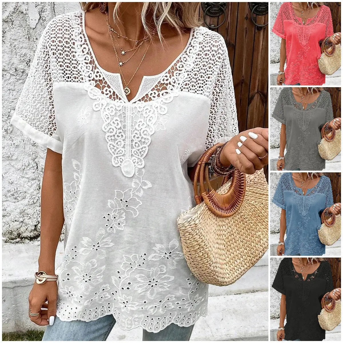 ✨👚 【S–6XL】Elegancka damska bluzka z koronką i dekoltem w serek – haftowana, z krótkim rękawem 🌸