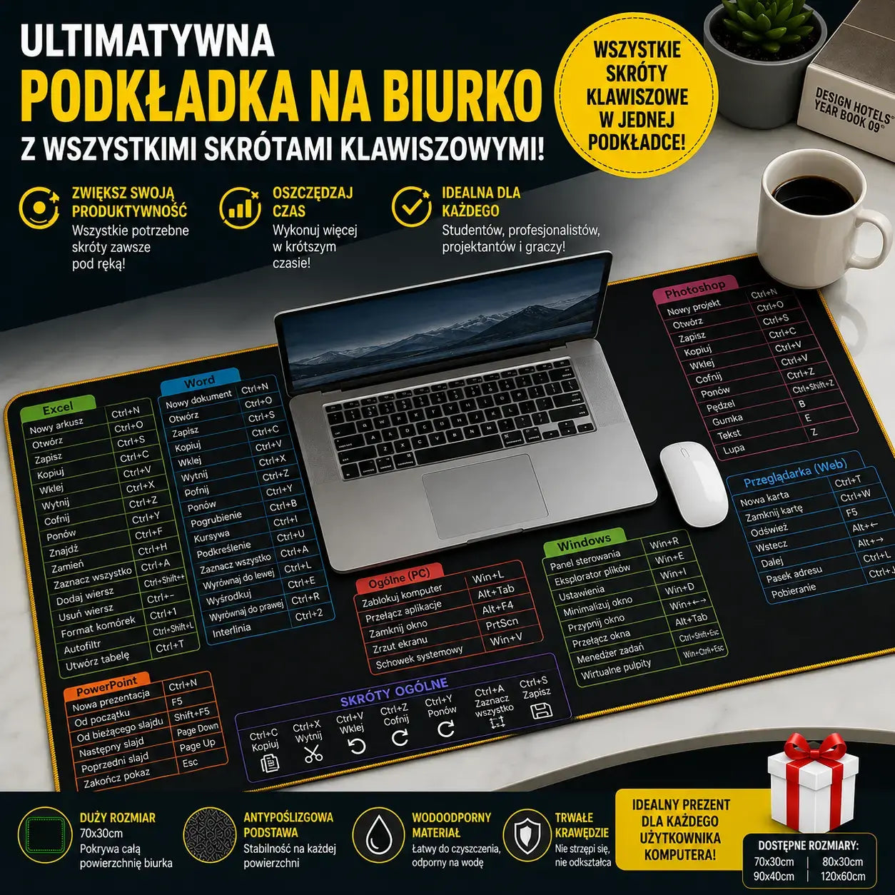 💻🖱【30 x 60 cm x 4 mm】Bardzo duża podkładka pod klawiaturę i mysz z nadrukowanymi skrótami klawiszowymi