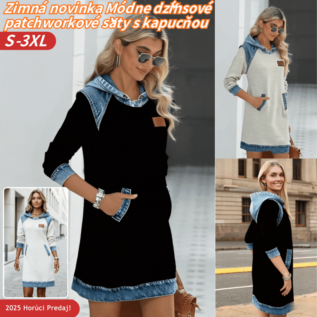 🔥Horúci Predaj!🌷🌞 Zimná Novinka Módne džínsové patchworkové šaty s kapucňou