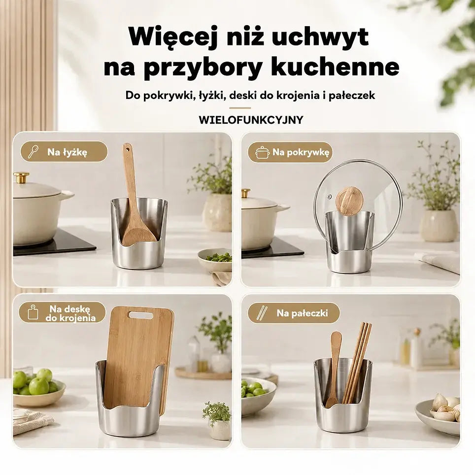Kup 1, otrzymaj 1 gratis – 【2 szt.】Stojak ze stali nierdzewnej na pokrywki, chochle i łopatki – zintegrowany organizer kuchenny, stabilny i antypoślizgowy.