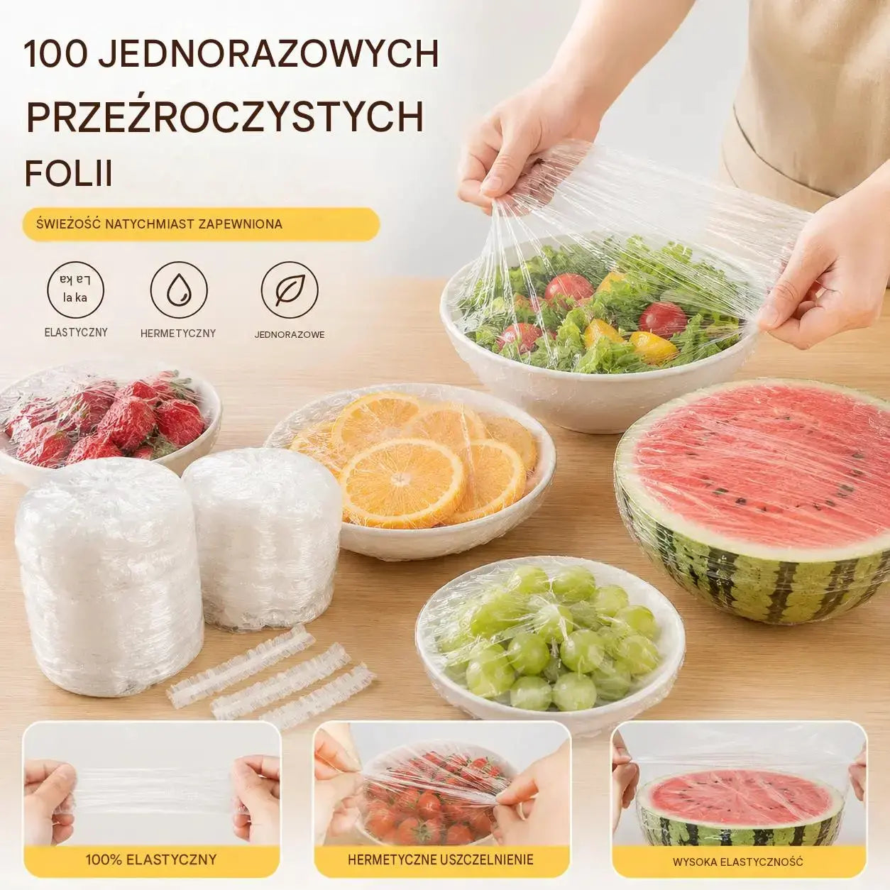 【200 sztuk】Jednorazowa folia spożywcza, idealna do pojemników i żywności. Świetnie przylega, zapewnia szczelne zamknięcie i jest łatwa w użyciu.