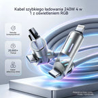 🔥 【2 sztuki za 99 zł】 🔥 (2 metry długości) Kabel 4 w 1 PD 240 W – USB-C, Lightning i szybkie ładowanie USB-A, aluminium i silikon, synchronizacja danych ⚡📱