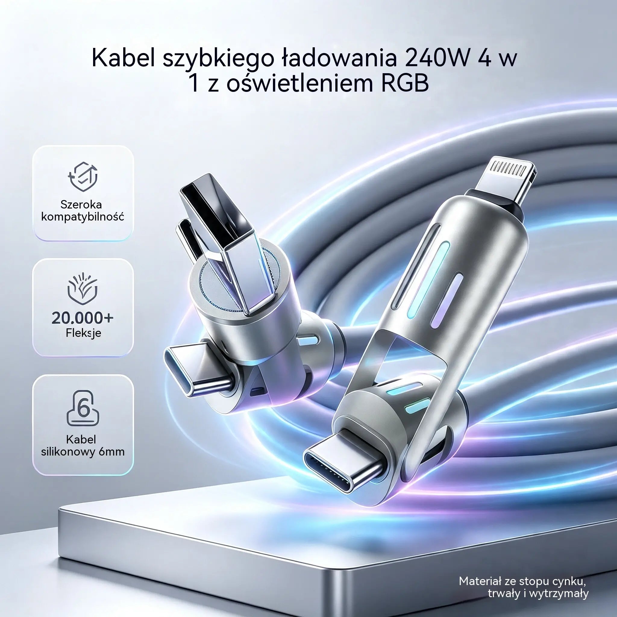 🔥 【2 sztuki za 99 zł】 🔥 (2 metry długości) Kabel 4 w 1 PD 240 W – USB-C, Lightning i szybkie ładowanie USB-A, aluminium i silikon, synchronizacja danych ⚡📱