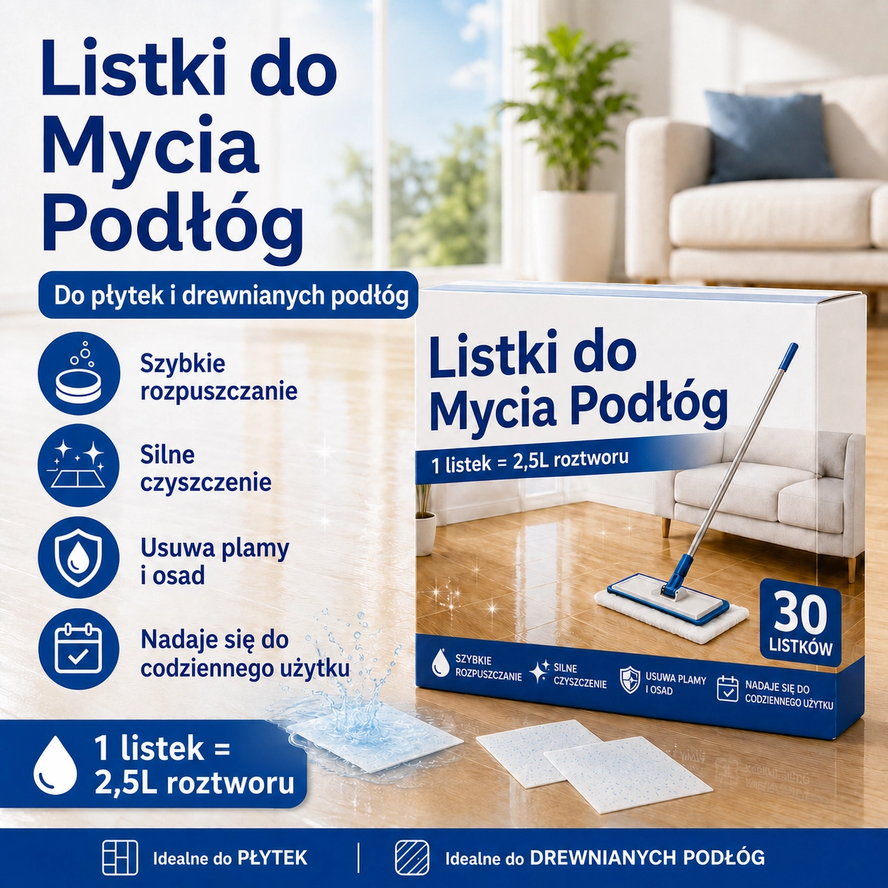 💦🏡【3 opakowania, łącznie 90 tabletek】Wodne rozpuszczalne chusteczki do czyszczenia podłóg