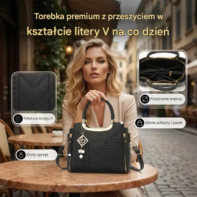 👜Damska torba na ramię z przeszyciami w kształcie litery V, złotymi okuciami, wieloma przegródkami i uchwytem u góry.