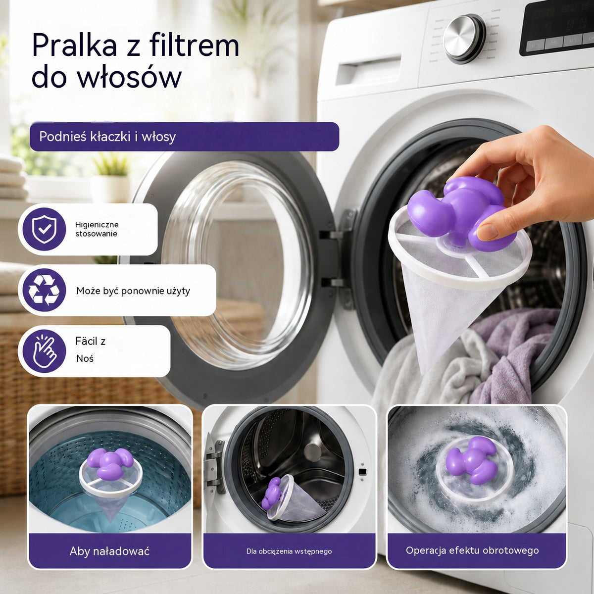 🧺 6 szt. za 99 zł 🐾 Koniec z sierścią na ubraniach! ✨ Pływający filtr do pralki usuwa włosy, kłaczki i sierść zwierząt podczas każdego prania