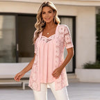 👚Elegancka bluzka 2 w 1 z koronką i siateczką – wysmuklający krój maskujący brzuch, 5 kolorów, rozmiary S–4XL