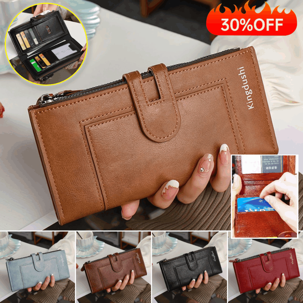 Cartera vintage de piel auténtica con doble cremallera y ranura para múltiples tarjetas para mujer