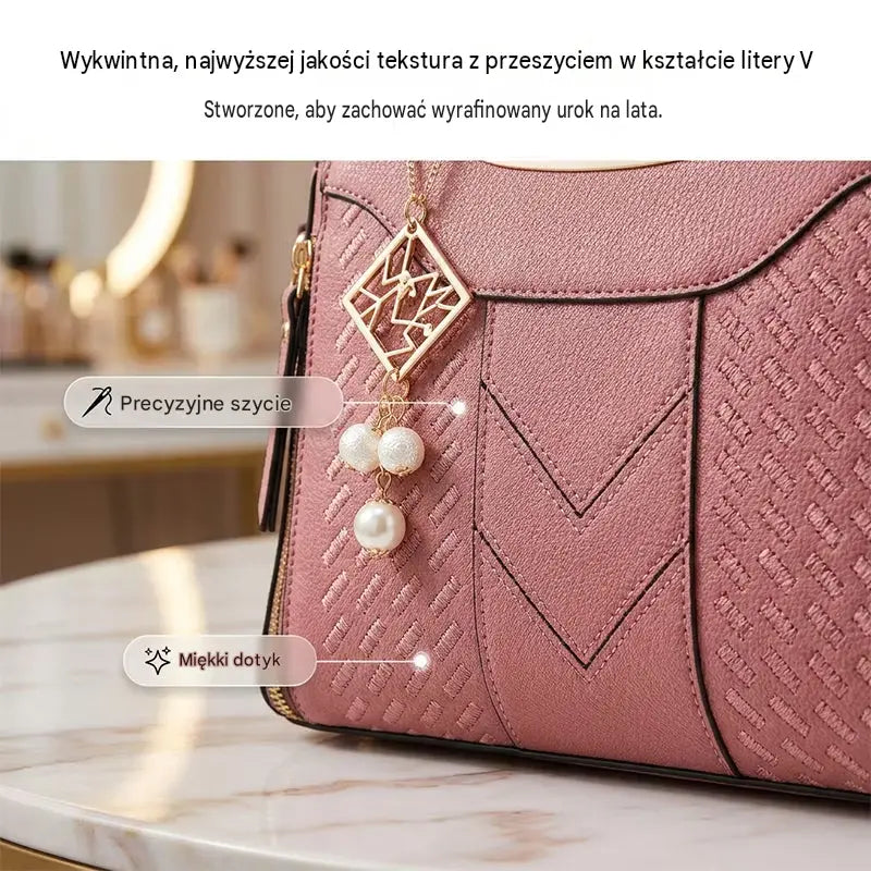 👜Damska torba na ramię z przeszyciami w kształcie litery V, złotymi okuciami, wieloma przegródkami i uchwytem u góry.