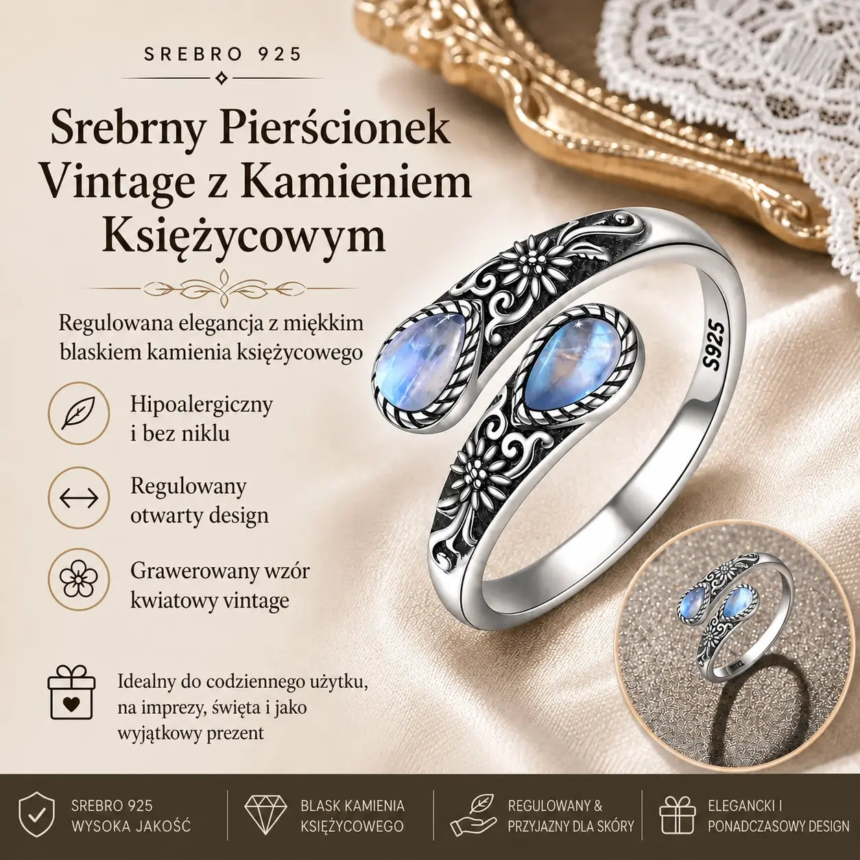 Ostatni dzień: Kup jeden, a drugi dostaniesz gratis – pierścionek z kamieniem księżycowym w stylu vintage. Regulowany rozmiar – ponadczasowa elegancja.