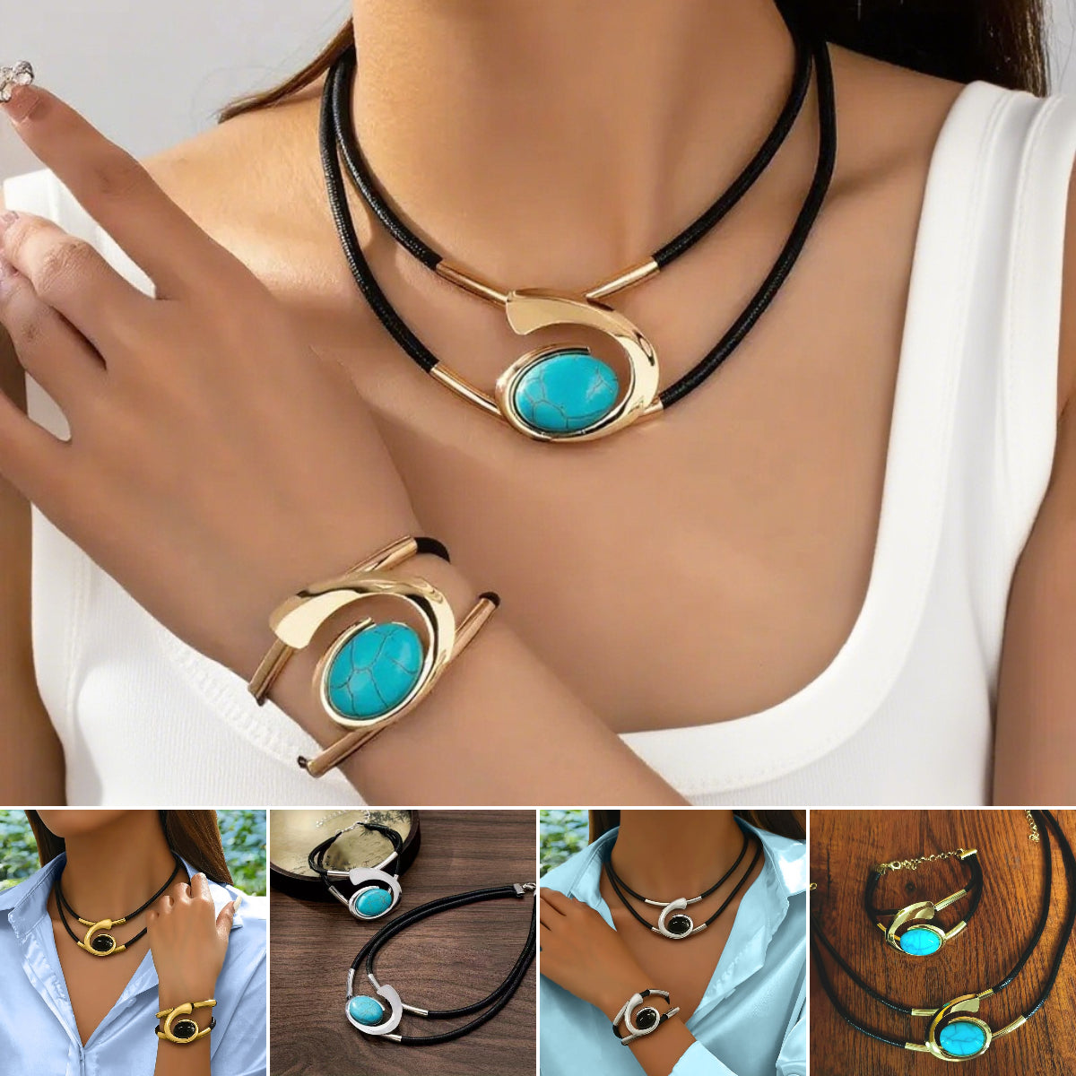 ✨🔥【Último día de promoción】Conjunto de collar y pulsera de piedras preciosas de estilo bohemio