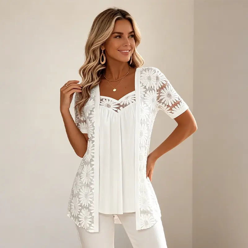 👚Elegancka bluzka 2 w 1 z koronką i siateczką – wysmuklający krój maskujący brzuch, 5 kolorów, rozmiary S–4XL