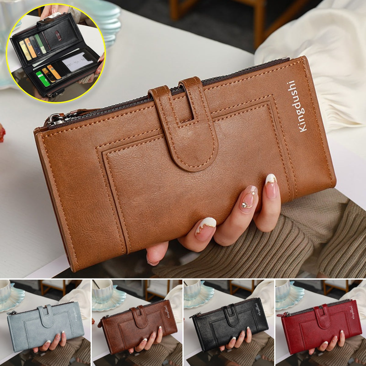 Cartera vintage de piel auténtica con doble cremallera y ranura para múltiples tarjetas para mujer