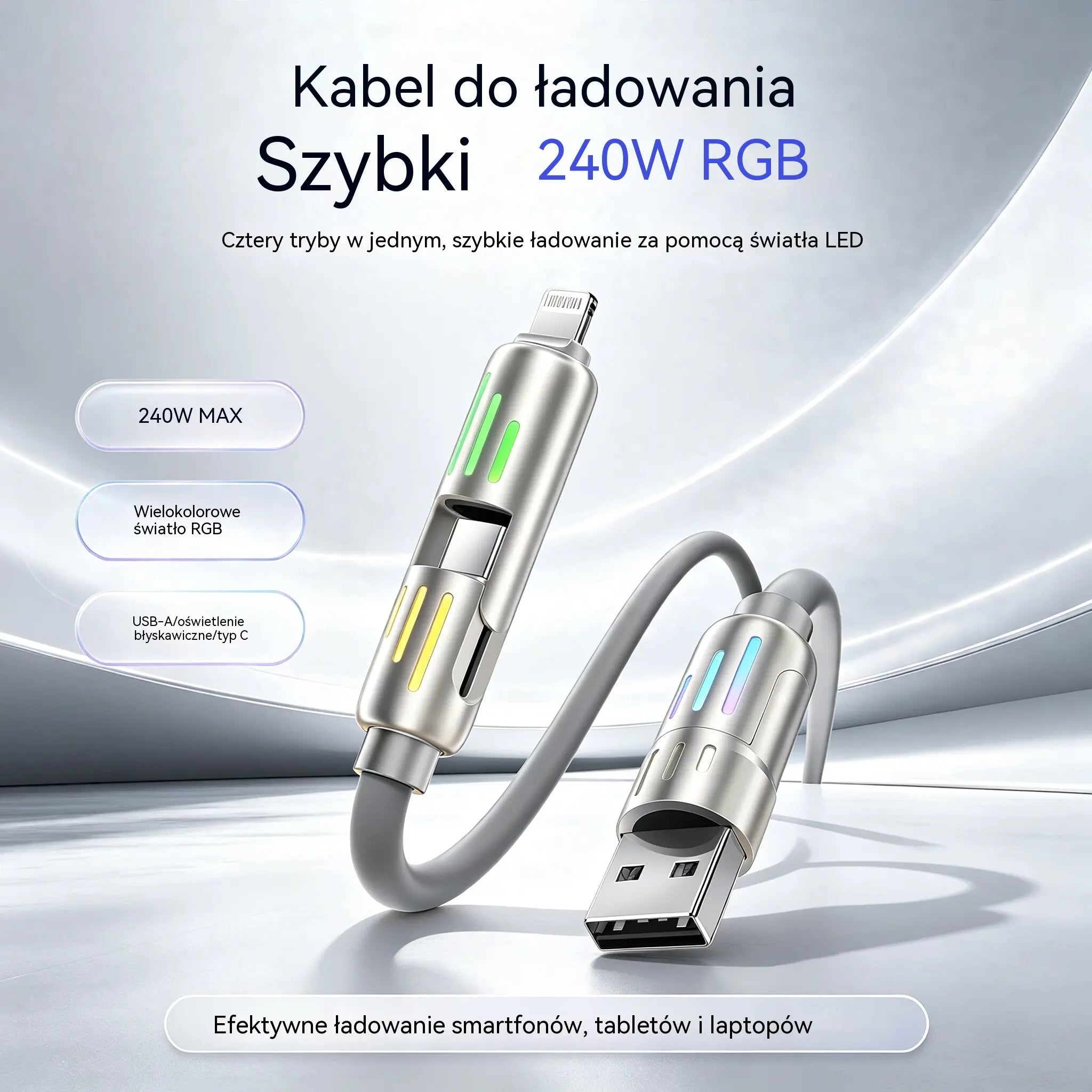 🔥 【2 sztuki za 99 zł】 🔥 (2 metry długości) Kabel 4 w 1 PD 240 W – USB-C, Lightning i szybkie ładowanie USB-A, aluminium i silikon, synchronizacja danych ⚡📱