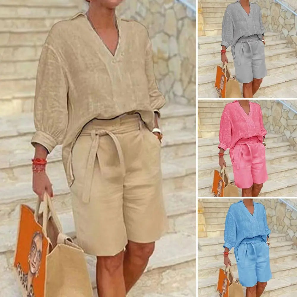 😍Specjalna oferta za pół ceny😍【S-5XL】❤️【Top + spodenki】2026 Najlepiej sprzedający się nowy damski letni komplet z bawełny i lnu