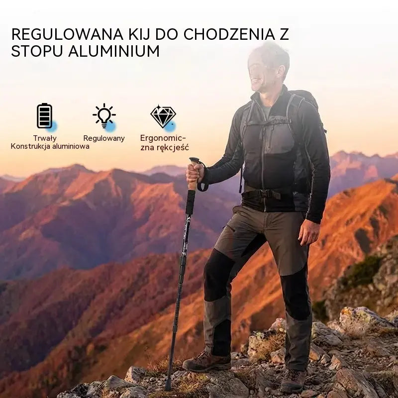 Regulowany kij trekkingowy ze stopu aluminium: wytrzymały, amortyzujący wstrząsy i lekki.