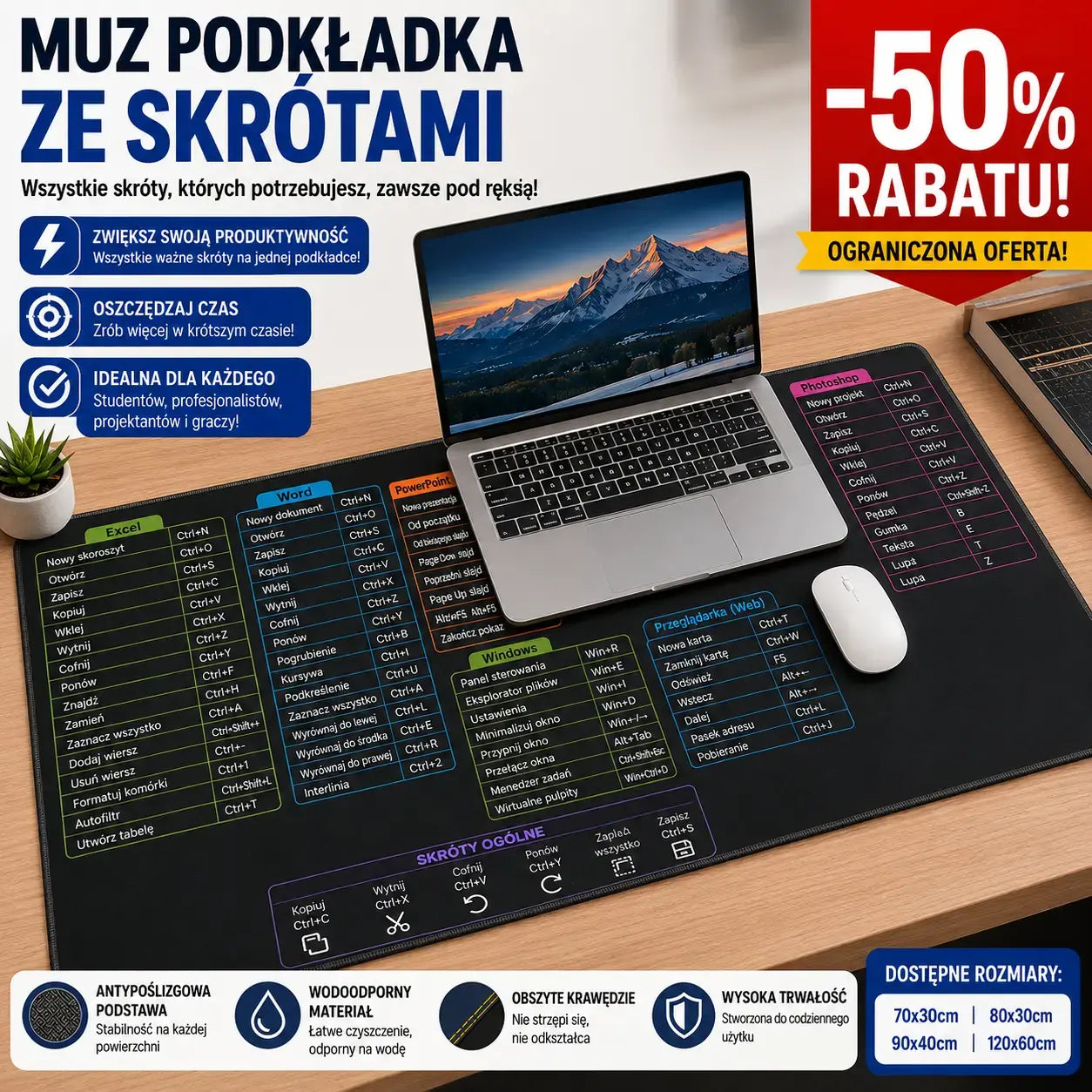 💻🖱【30 x 60 cm x 4 mm】Bardzo duża podkładka pod klawiaturę i mysz z nadrukowanymi skrótami klawiszowymi