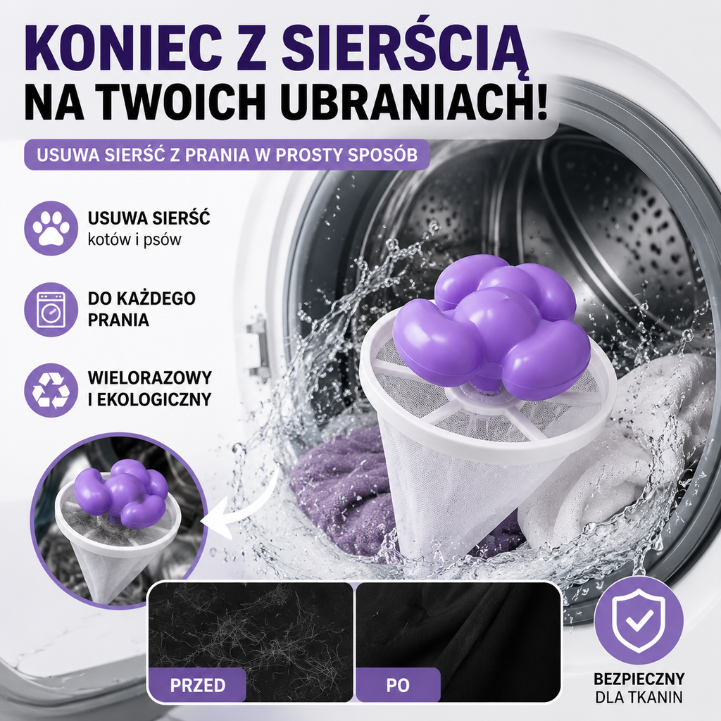 🧺 6 szt. za 99 zł 🐾 Koniec z sierścią na ubraniach! ✨ Pływający filtr do pralki usuwa włosy, kłaczki i sierść zwierząt podczas każdego prania