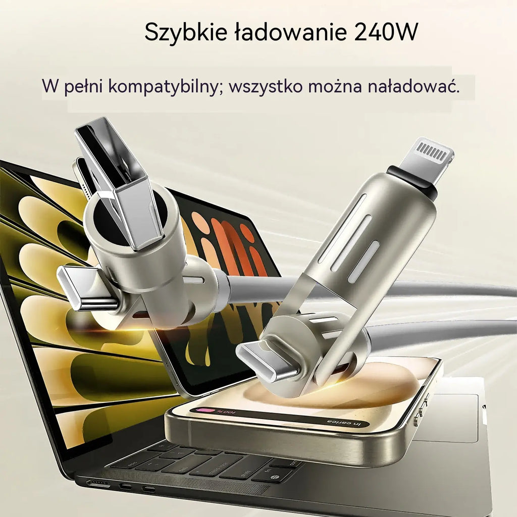 🔥 【2 sztuki za 99 zł】 🔥 (2 metry długości) Kabel 4 w 1 PD 240 W – USB-C, Lightning i szybkie ładowanie USB-A, aluminium i silikon, synchronizacja danych ⚡📱