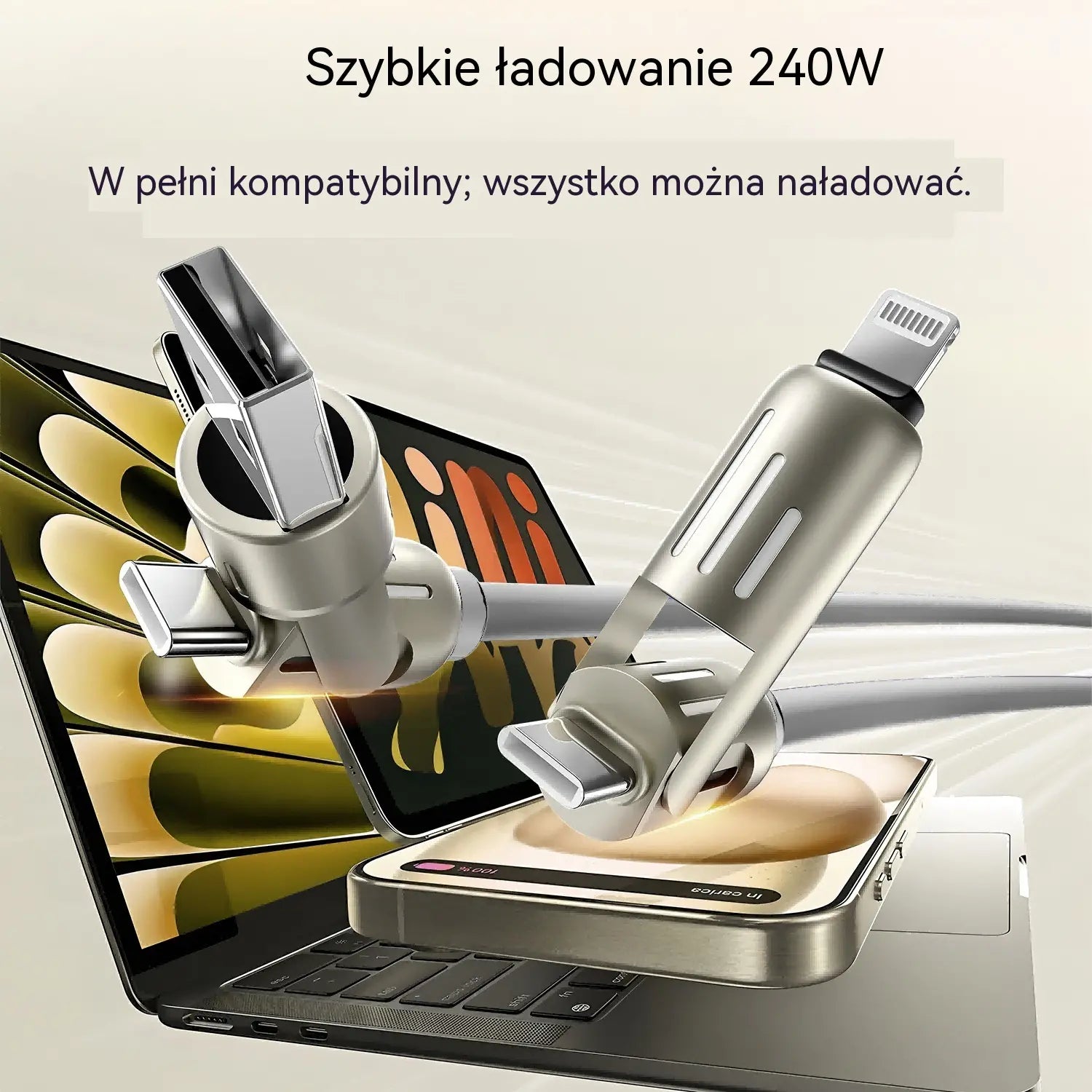🔥 【2 sztuki za 99 zł】 🔥 (2 metry długości) Kabel 4 w 1 PD 240 W – USB-C, Lightning i szybkie ładowanie USB-A, aluminium i silikon, synchronizacja danych ⚡📱