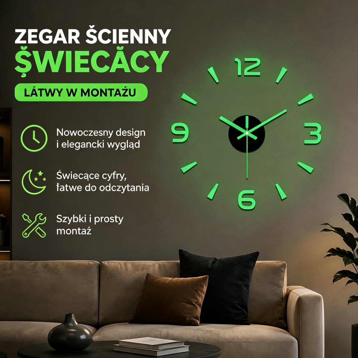 🕑✨ Świecący akrylowy zegar ścienny 3D – bez wiercenia, łatwy montaż