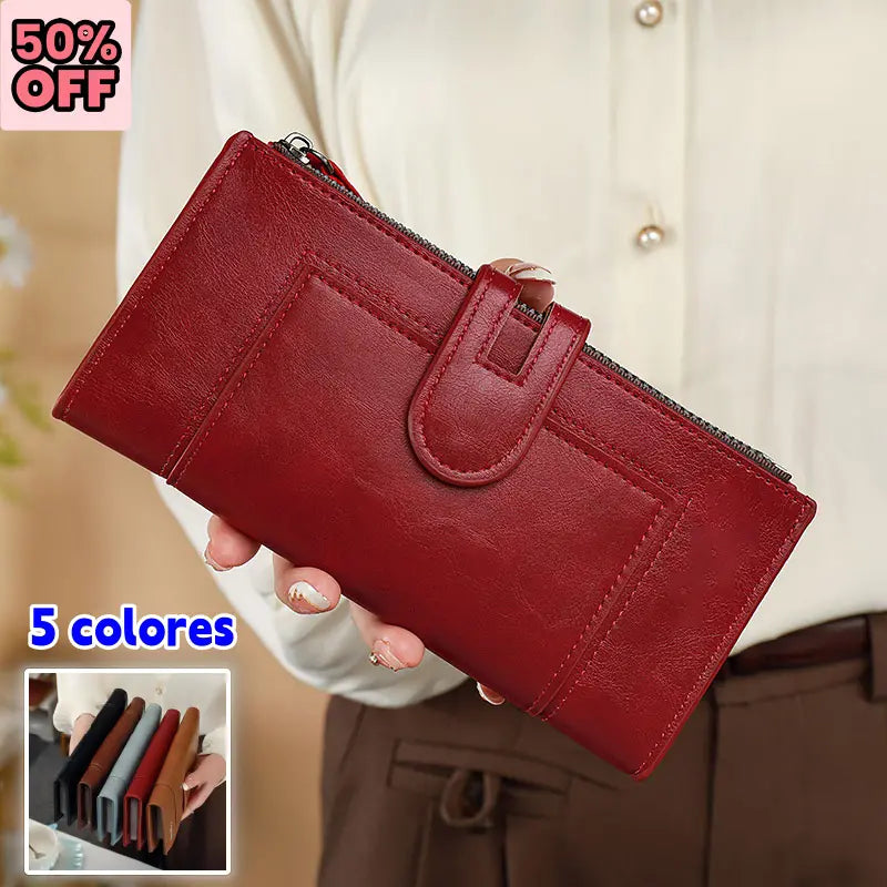 ✨50% OFF 👜 Damski portfel z prawdziwej skóry w stylu vintage, zapinany na podwójny zamek i z wieloma przegródkami na karty