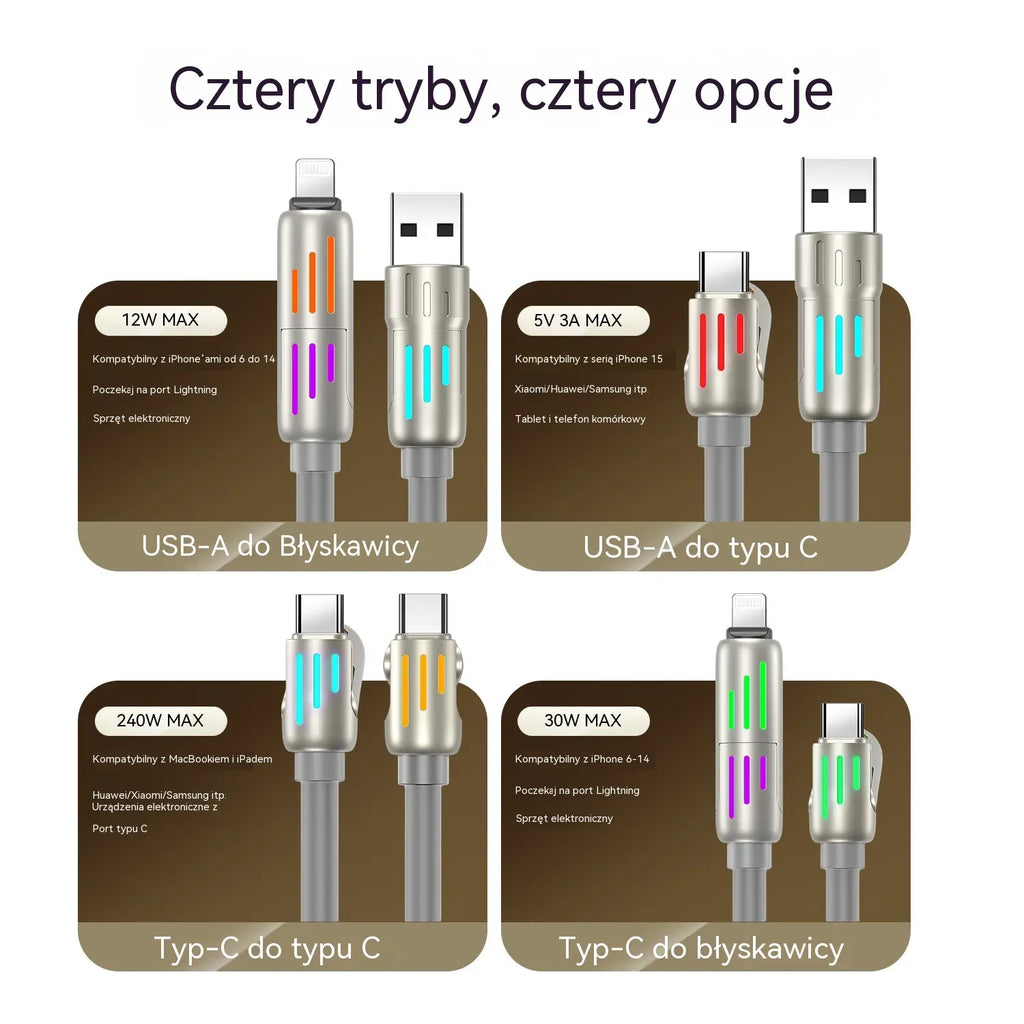 🔥 【2 sztuki za 99 zł】 🔥 (2 metry długości) Kabel 4 w 1 PD 240 W – USB-C, Lightning i szybkie ładowanie USB-A, aluminium i silikon, synchronizacja danych ⚡📱